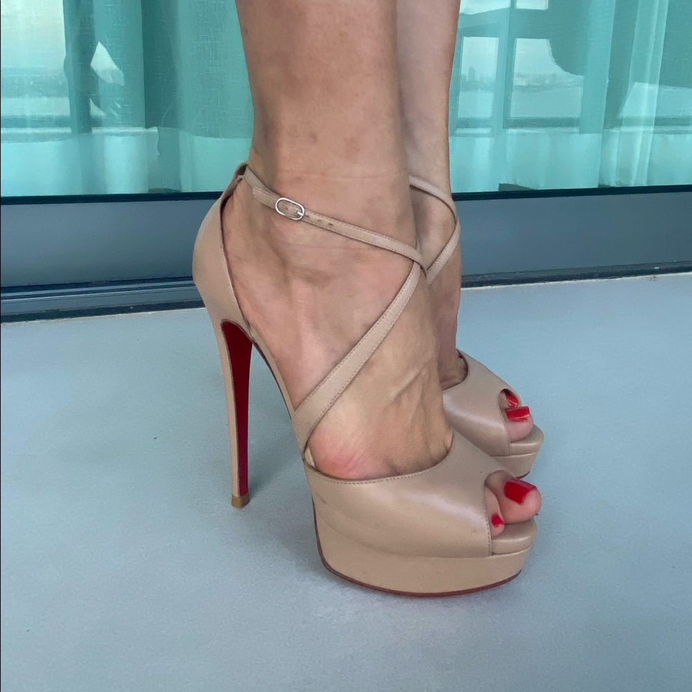 Christian Louboutin Beige Leather Cross Me Crisscross Platform Sandals Size 39